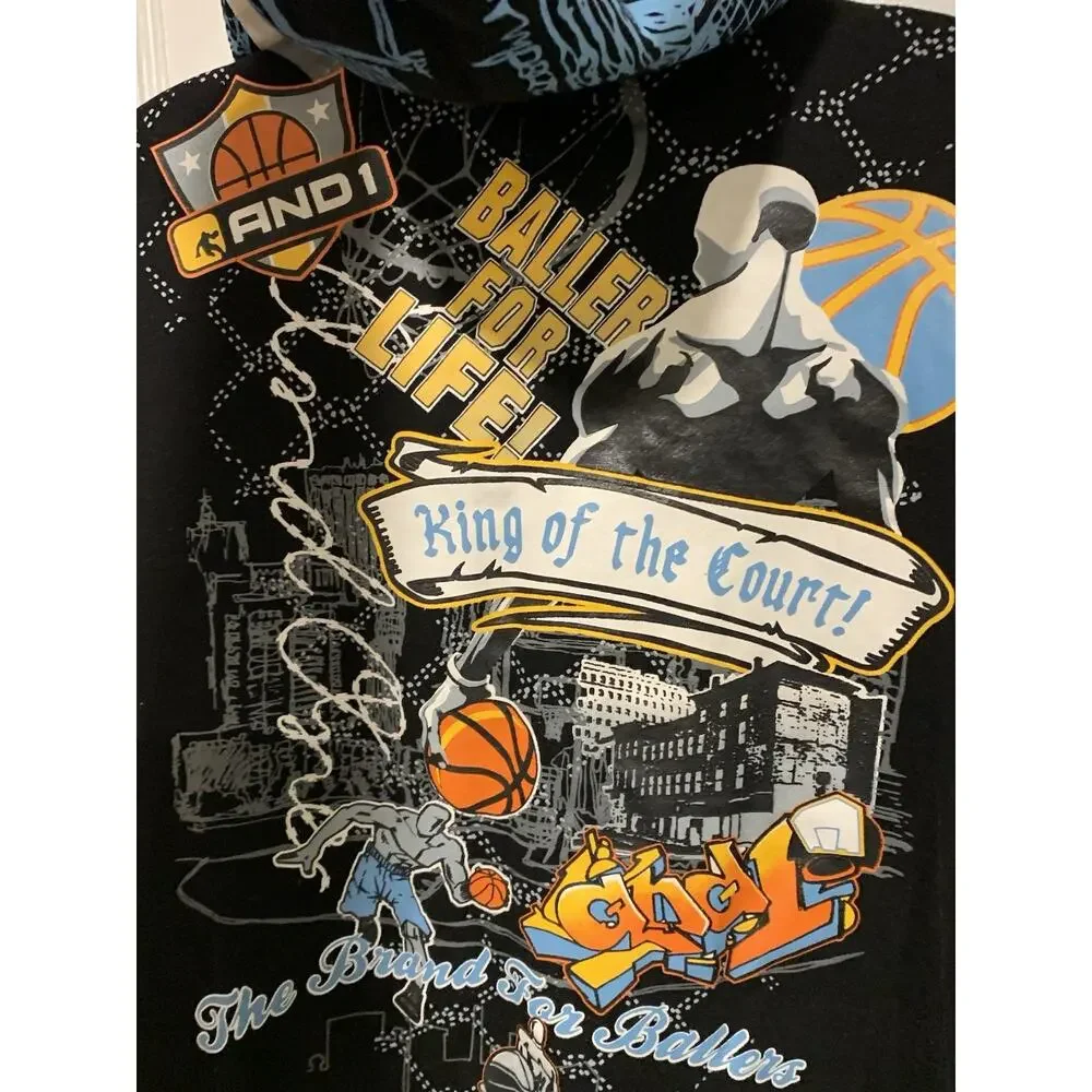 Vintage and One AND 1 Black Hoodie Decal King of the Court Youth X-Large